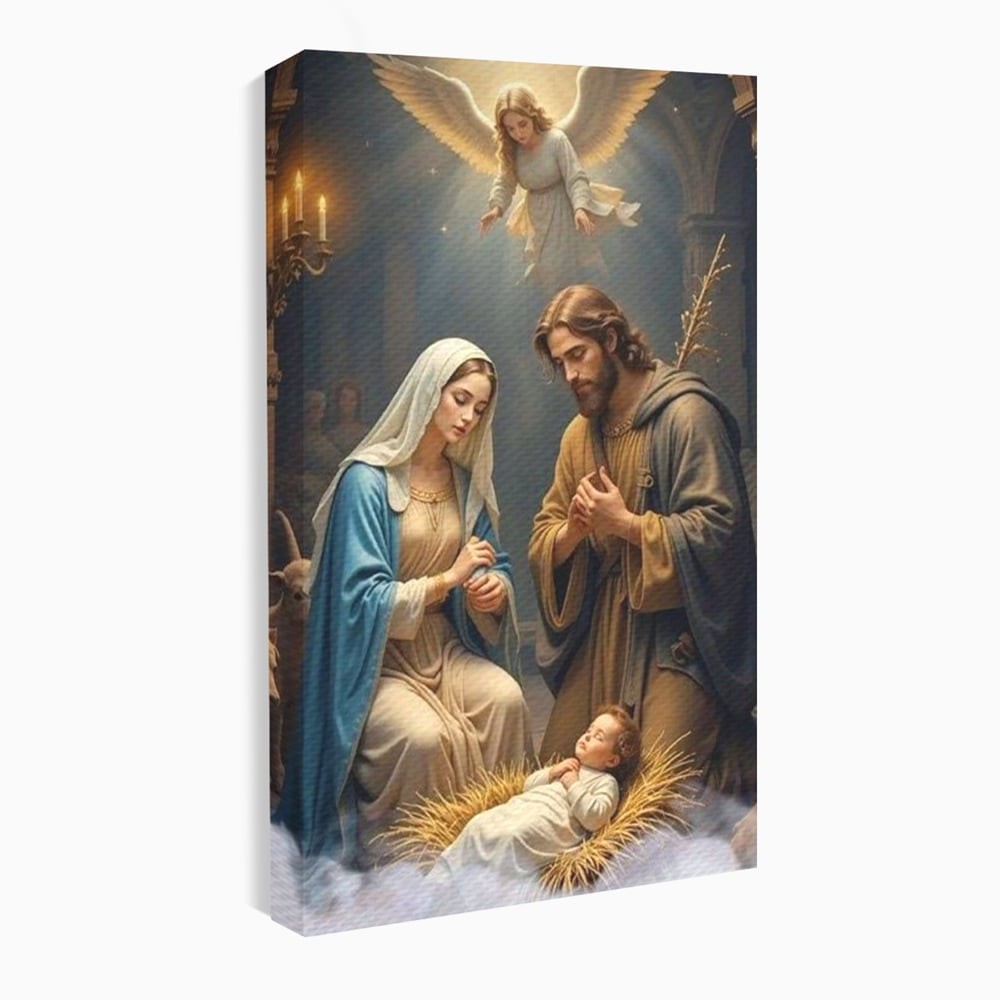 Tablou canvas cu tablou canvas cu sfanta familie si inger, fara rama, pe sasiu de lemn